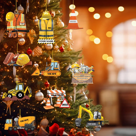 Riveprints Personalized Construction Worker Christmas Ornament, Personalized Ornament Excavator Christmas Tree Ornament, Contractor Tools Rope Trucks Traffic Zone Ornaments for Christmas Tree (ON204)