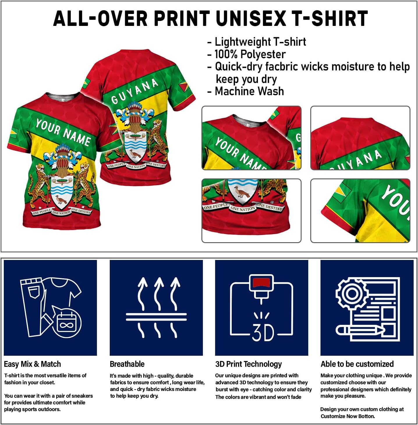 Rivelus Personalized Name 3D Shirt, Guyana Tshirt for Men Women, Guyanese Flag Pride Shirts, Guyana Gift S-5XL