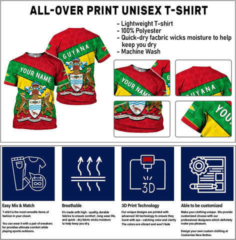 Rivelus Personalized Name 3D Shirt, Guyana Tshirt for Men Women, Guyanese Flag Pride Shirts, Guyana Gift S-5XL