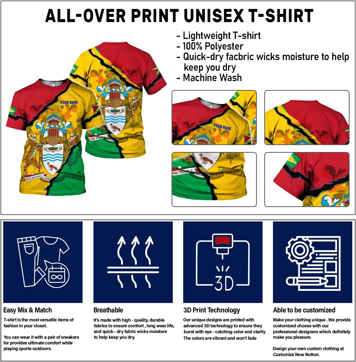 Rivelus Personalized Name 3D Shirt, Guyana Tshirt for Men Women, Guyanese Flag Pride Shirts, Guyana Gift S-5XL