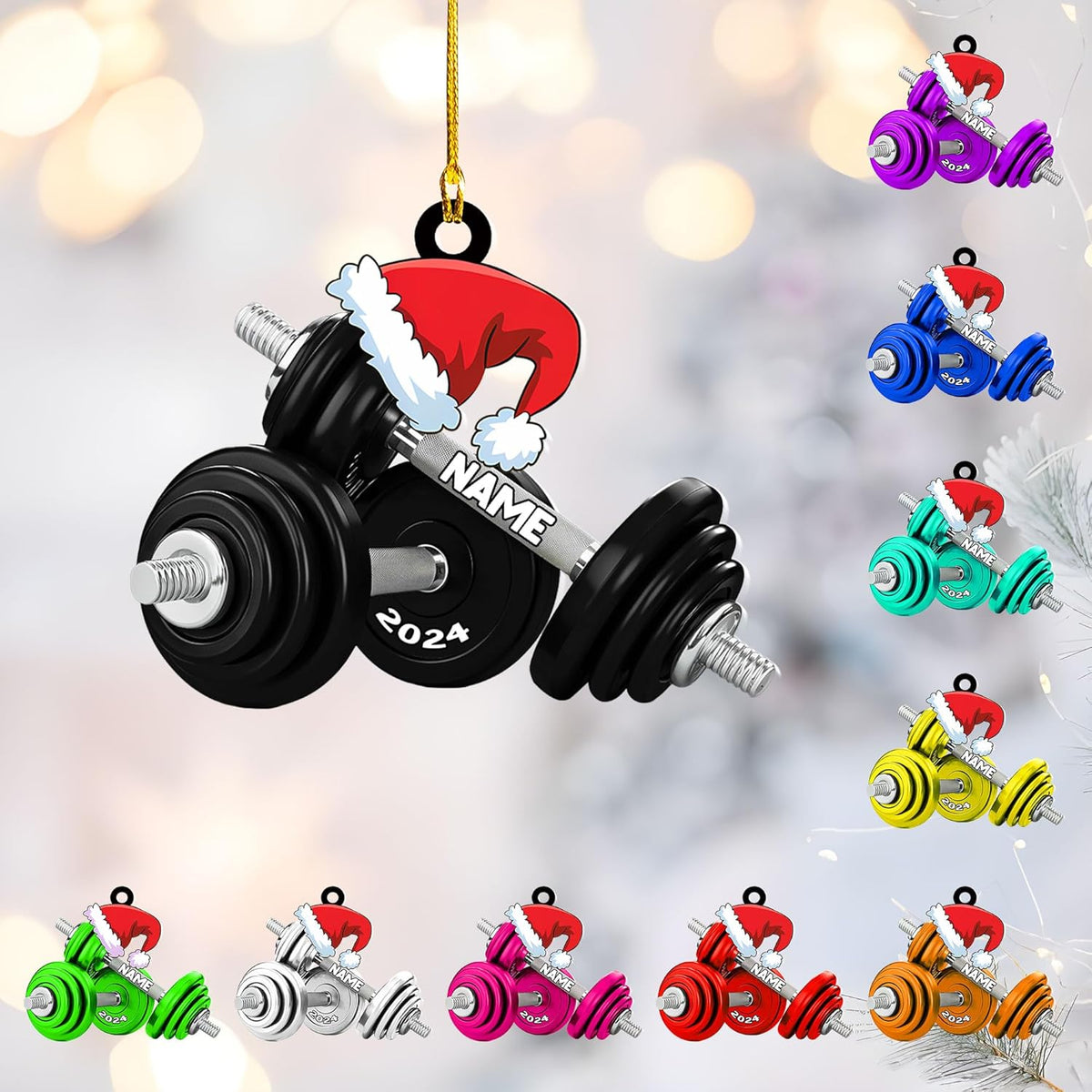 Personalized Dumbbell Ornament, Exercise Equipment Gym Christmas Ornament, Merry Fitness Gym Workout Trainer Coach Instructor, Barbell Weight Plates Weightlifter Gym Chair & Barbell (DBT1)