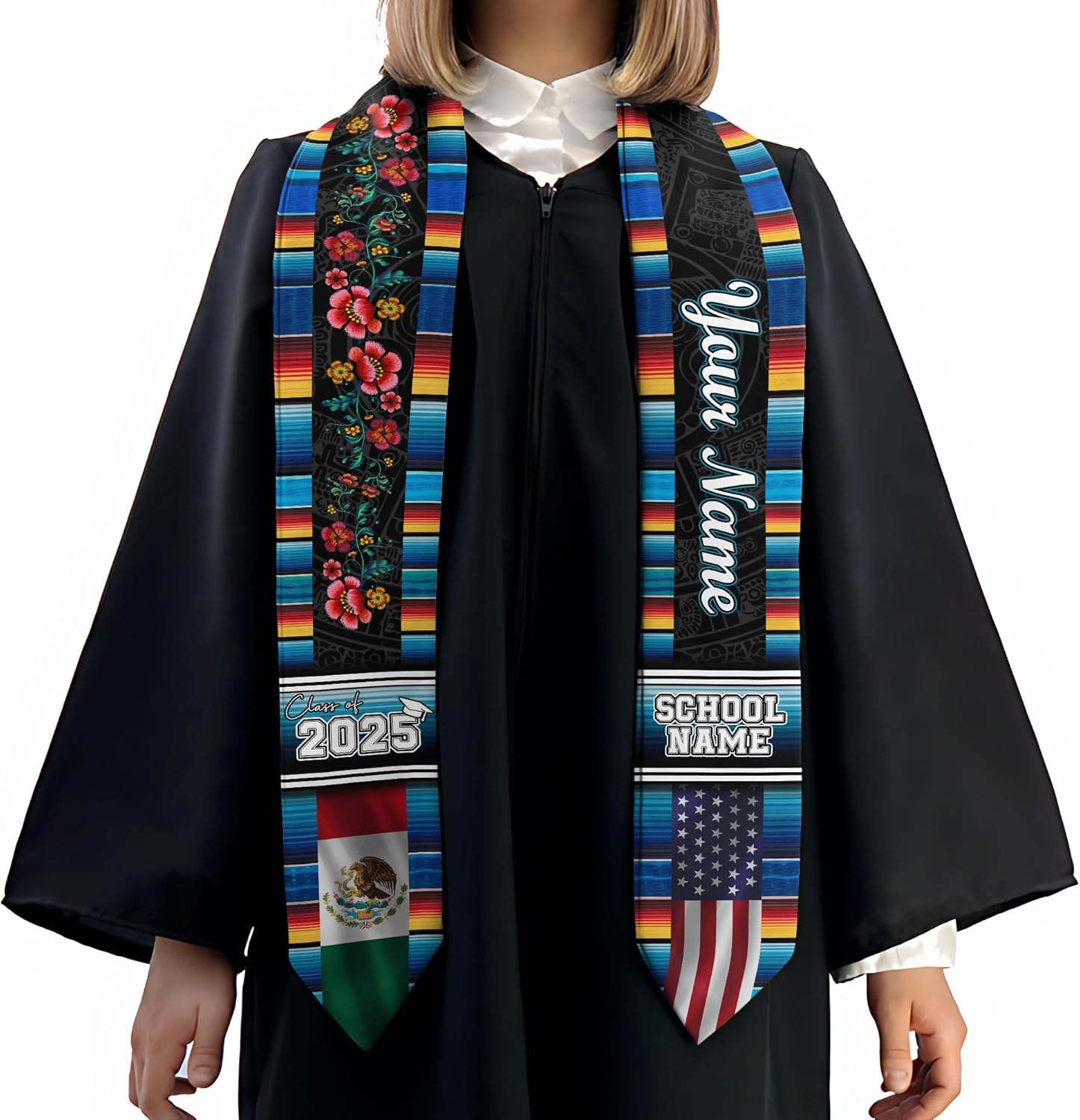 Custom Mexican Graduation Sash, Mexico Graduation Stole Customize Photo, Mexican American Flag Graduation Sash 2025
