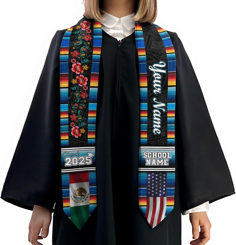 Custom Mexican Graduation Sash, Mexico Graduation Stole Customize Photo, Mexican American Flag Graduation Sash 2025