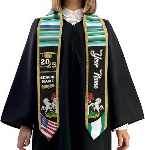Pretyprints Custom Nigerian Graduation Sash, Nigeria Graduation Stole Customize, Nigerian American Flag Graduation Sash 2025