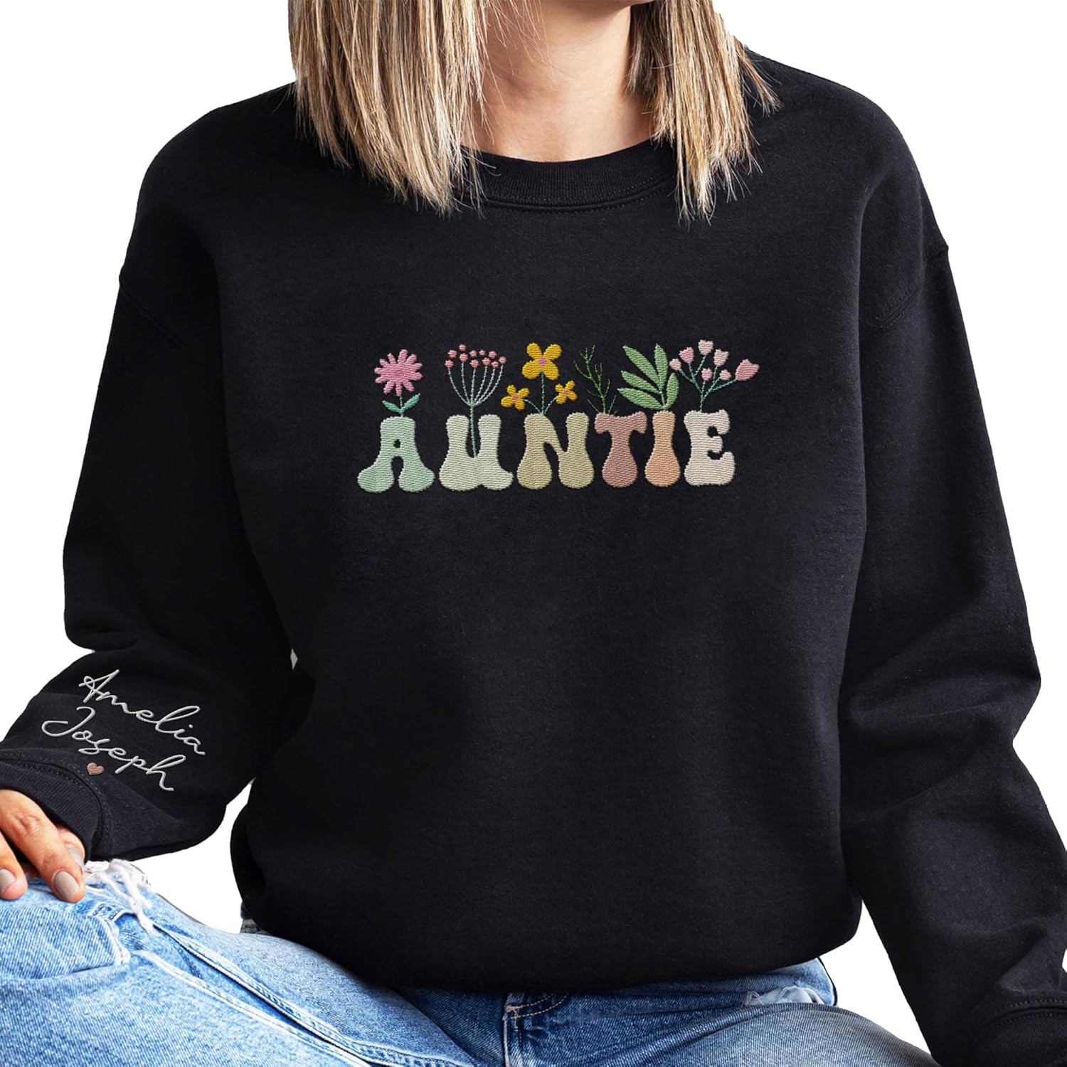 Personalized Embroidered Auntie Sweatshirt & Hoodie, Funtie Auntie Sweatshirt For Women Custom Kids Name On Sleeve (Cotton, AT 10), Small-5X-Large