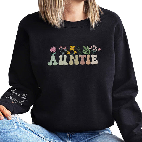 Personalized Embroidered Auntie Sweatshirt & Hoodie, Funtie Auntie Sweatshirt For Women Custom Kids Name On Sleeve (Cotton, AT 10), Small-5X-Large