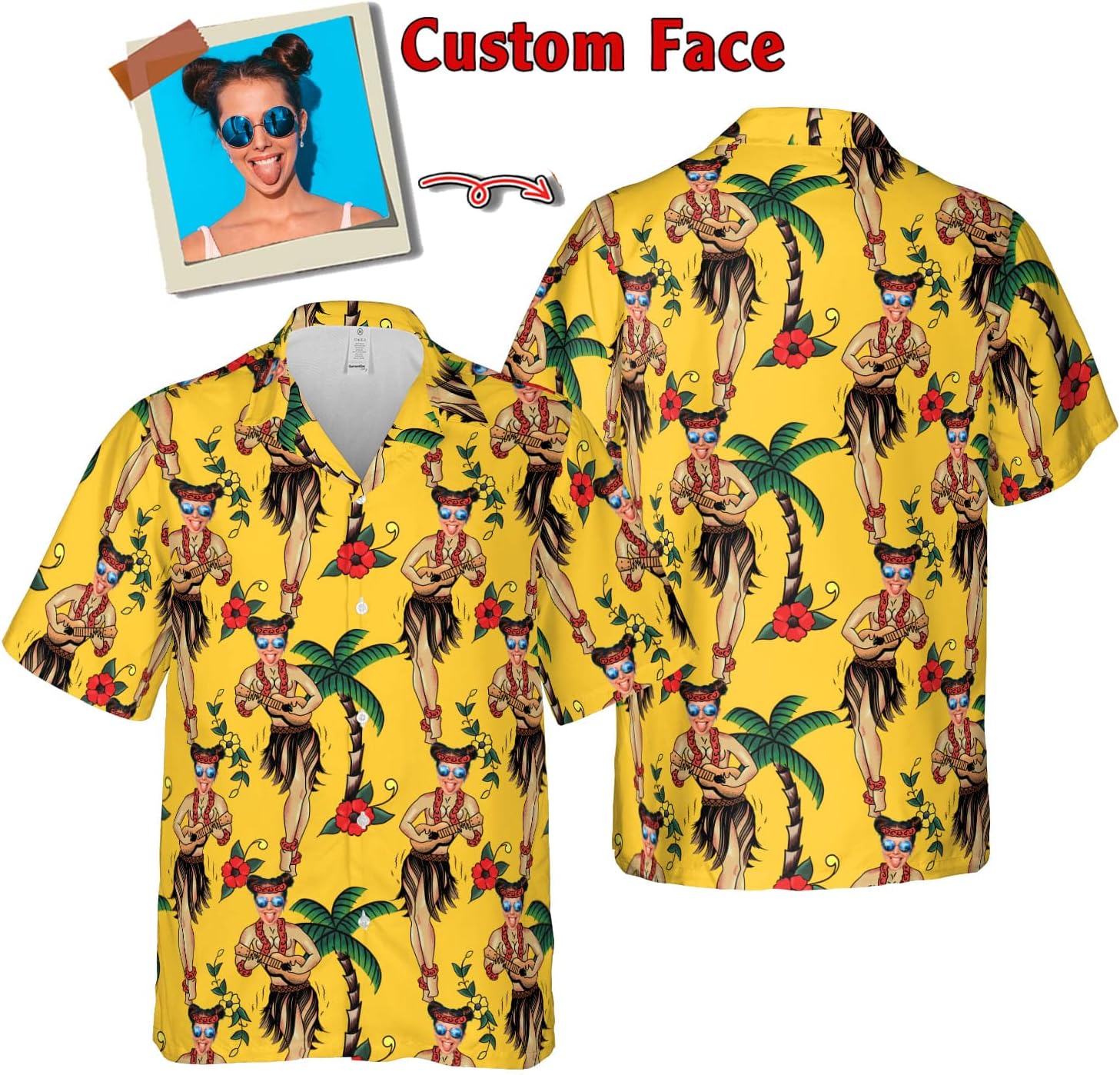 Customized Tropical Floral Hawaiian Shirt with Face for Men and Women, Wife's Husband\u2019s Photo Aloha Beach Fruit Flower Shirts