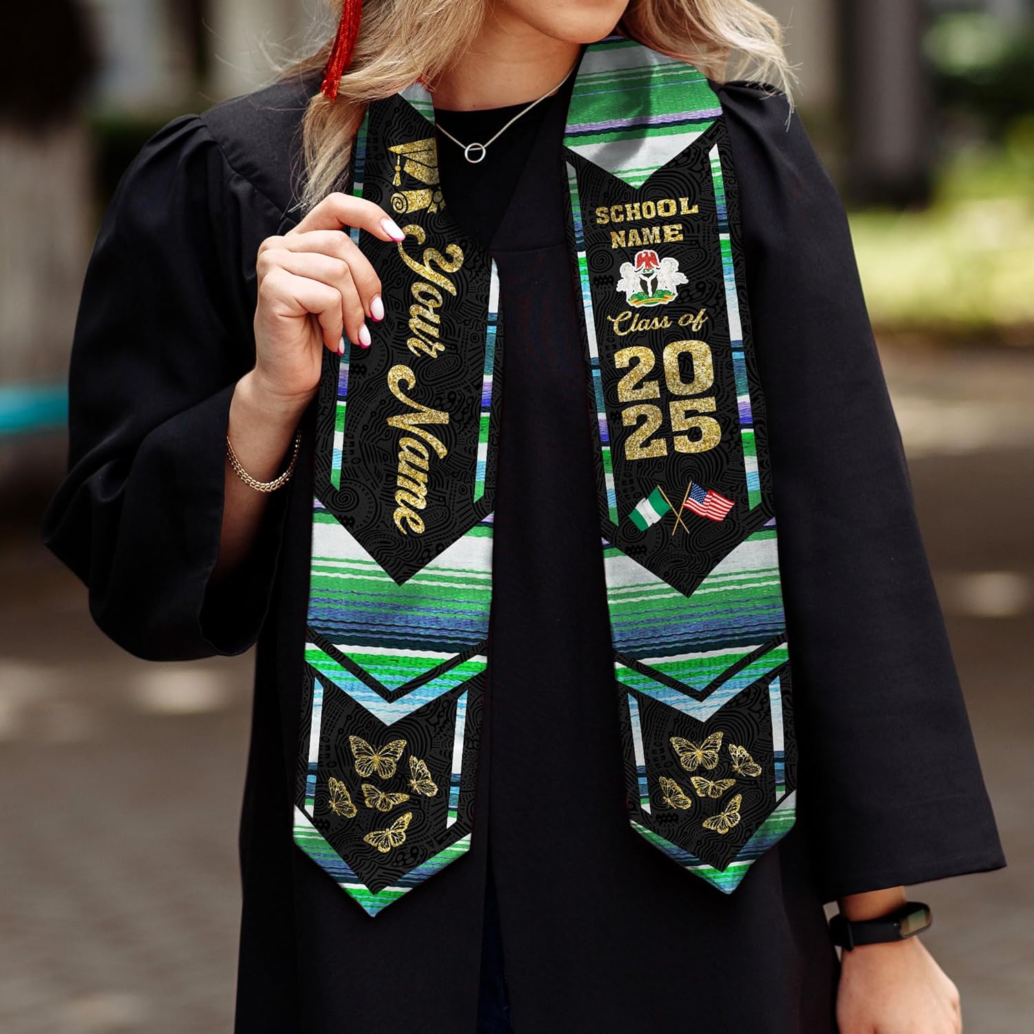 Pretyprints Custom Nigerian Graduation Sash, Nigeria Graduation Stole Customize, Nigerian American Flag Graduation Sash 2025