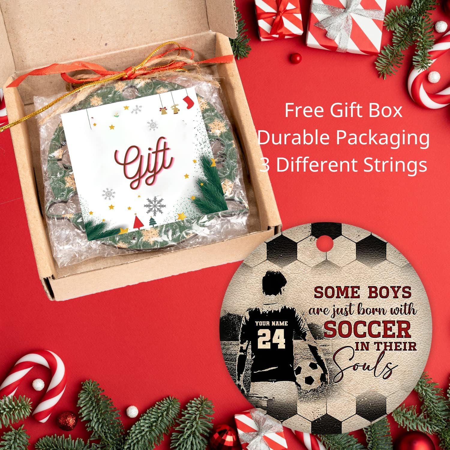 Mostprints Personalized Name and Numer Soccer Christmas Ornament 2023, Custom Soccer Ornaments for Xmas, Soccer Ornament Handmade from Wood Tree Hanging Ornament Pine Tree Decorations for Couple