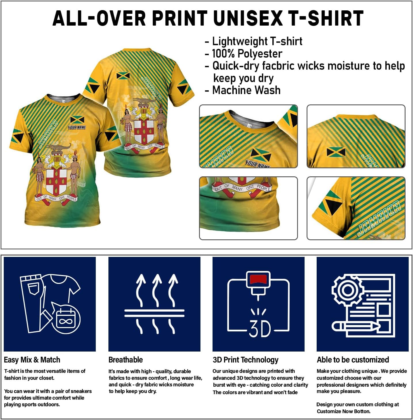 Ligthuy Personalized Jamaica Shirt 3D, Custom Jamaica Flag Lion Shirt for Men and Women, Jamaican Pride T-Shirt Unisex