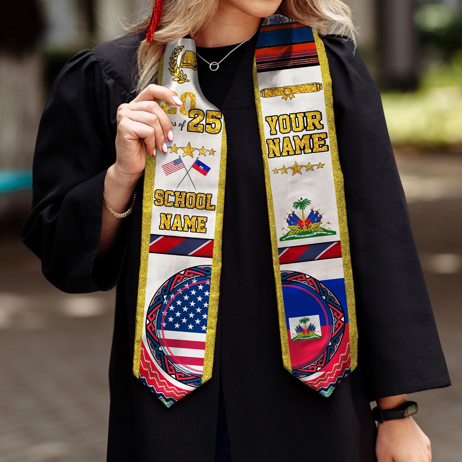 Pretyprints Haitians Graduation Sash, Haiti Graduation Stole Custom, Personalized Haitians American Flag Graduation Sash 2025