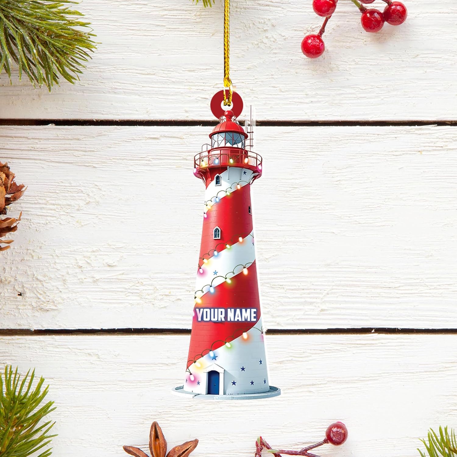 MAPrints Personalized Lighthouse Ornaments for Christmas Tree, Lighthouse Wood Acrylic 2D Flat Ornament, Coastal Lighthouse Ornament, Ocean Themed Hanging Ornaments, Gift for Lighthouse Lovers (LH 1)