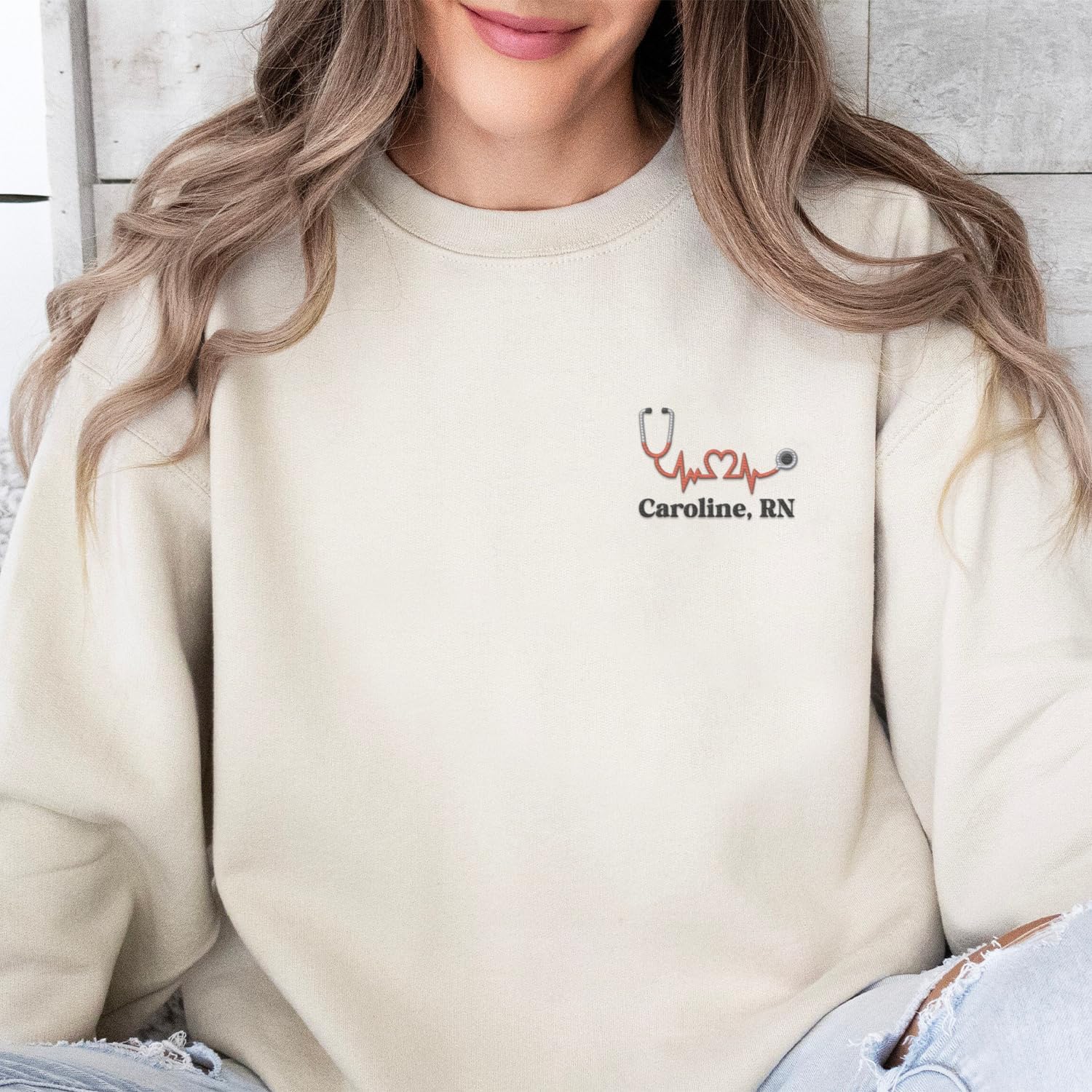 Personalized Embroidered Nurse Crewneck Sweatshirts for Women, Emergency Nurse Registered Nurse Sweatshirt (Cotton, SS72), Small-5X-Large