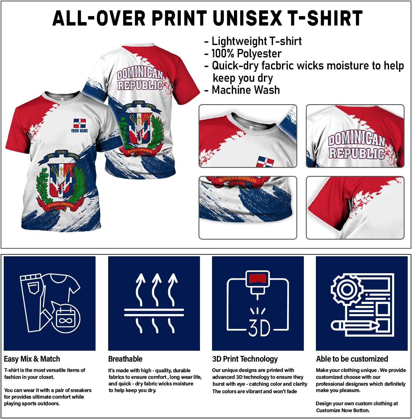 Custom Dominican Republic 3D Shirts for Men Dominicana Flag Shirts Dominican Flag Tshirt Dominican Independence Day