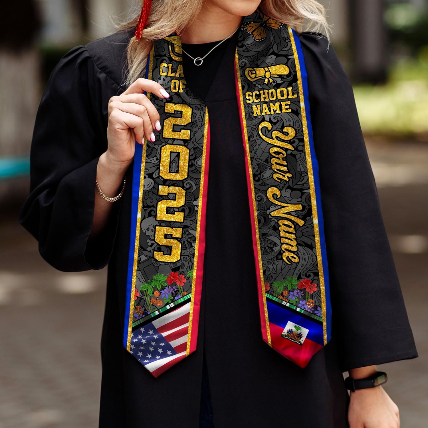 Pretyprints Haitians Graduation Sash, Haiti Graduation Stole Custom, Personalized Haitians American Flag Graduation Sash 2025