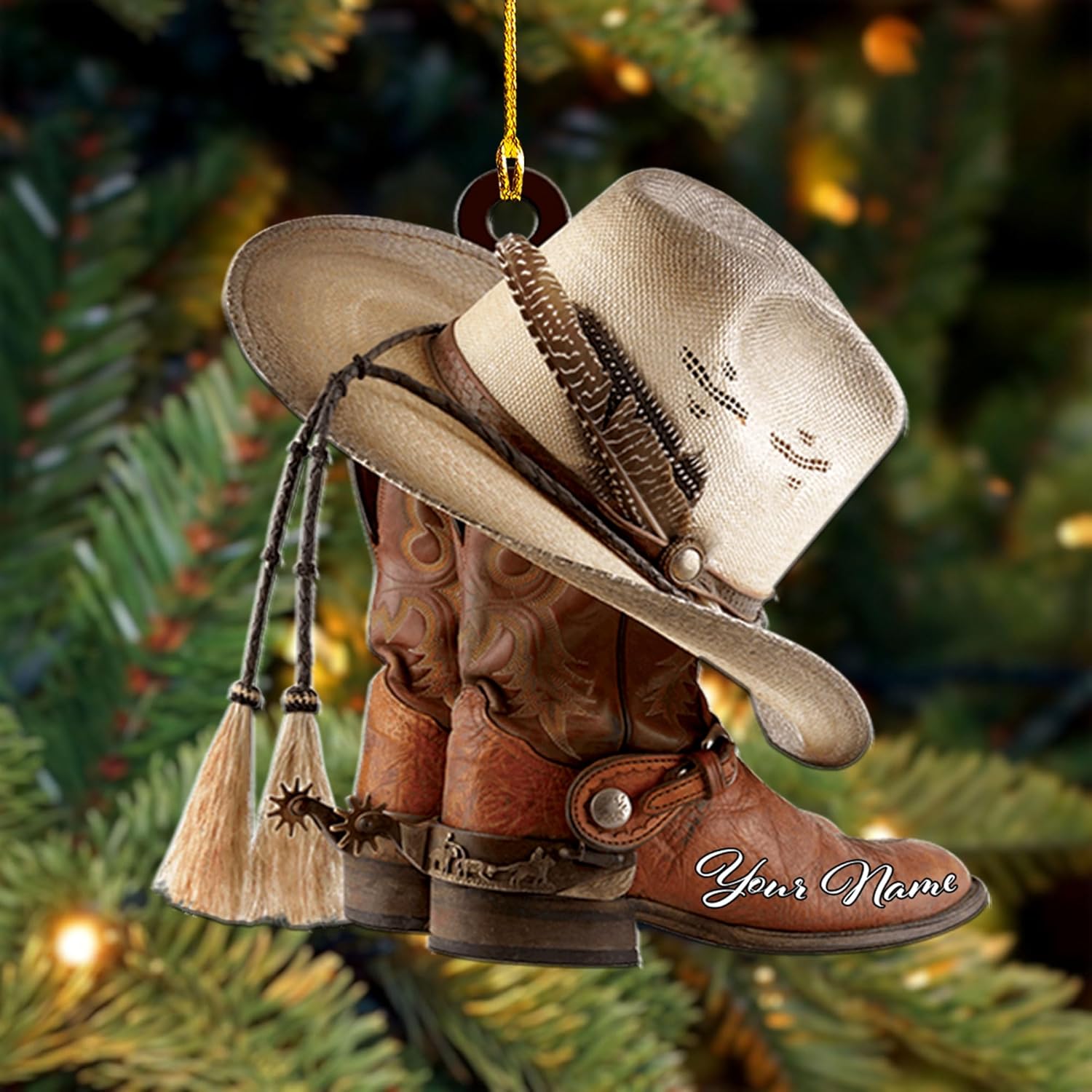 Royalbro Personalized Cowboy Christmas Ornaments, Cowboy Boots and Hat Ornament for Cowboy, Saddle Ornament, Cowboy Cowgirl Horseback Riding Ornament Tree Hanging Ornament (CB 2)