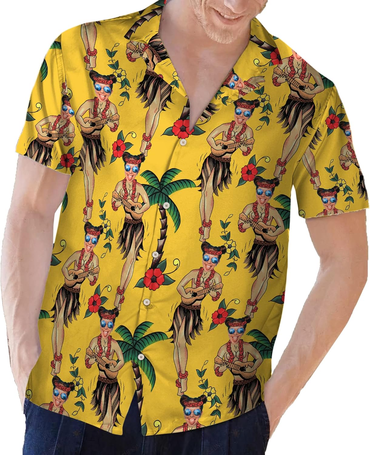 Customized Tropical Floral Hawaiian Shirt with Face for Men and Women, Wife's Husband\u2019s Photo Aloha Beach Fruit Flower Shirts