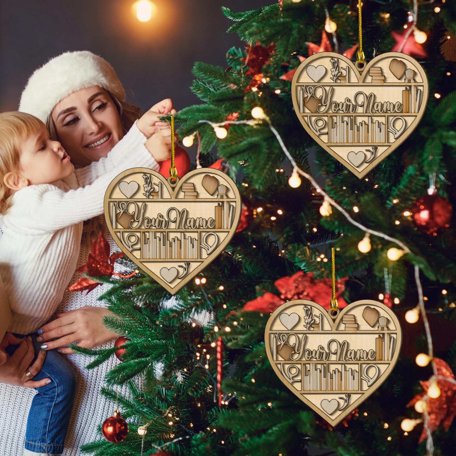 MAPrints Personalized Book Lovers Heart Ornament, Reading Book Xmas Ornament 2024, Bookshelf Wood Ornament Gift for Her Librarian 2D Flat Printed Wood Book Lovers Ornament (Book 3)