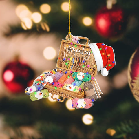 Pretyprints Personalized Knitting Yarns Ornament Christmas, Wool Bakset Knitting Accessories with String Lights Christmas Tree Ornament, Knitting Customized Christmas Ornament (Style 3)