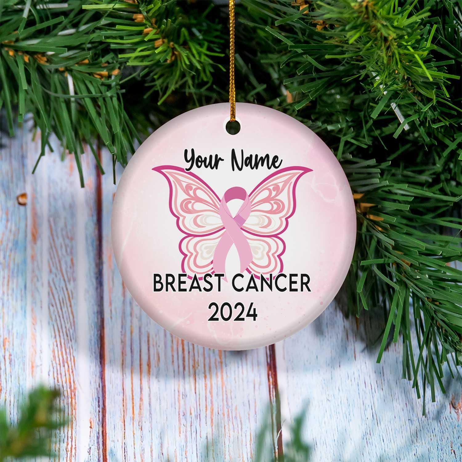 Personalized Pink Breast Cancer Awareness Ribbon With Butterfly Christmas Ceramic Ornament, Breast Cancer Survivor Pink Ribbon Ornament, Breast Cancer Inspirational Motivational Gifts For Women (BC 8)