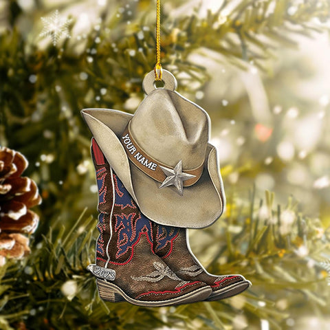 Royalbro Personalized Cowboy Christmas Ornaments, Cowboy Boots and Hat Ornament for Cowboy, Saddle Ornament, Cowboy Cowgirl Horseback Riding Ornament Tree Hanging Ornament (CB 9)