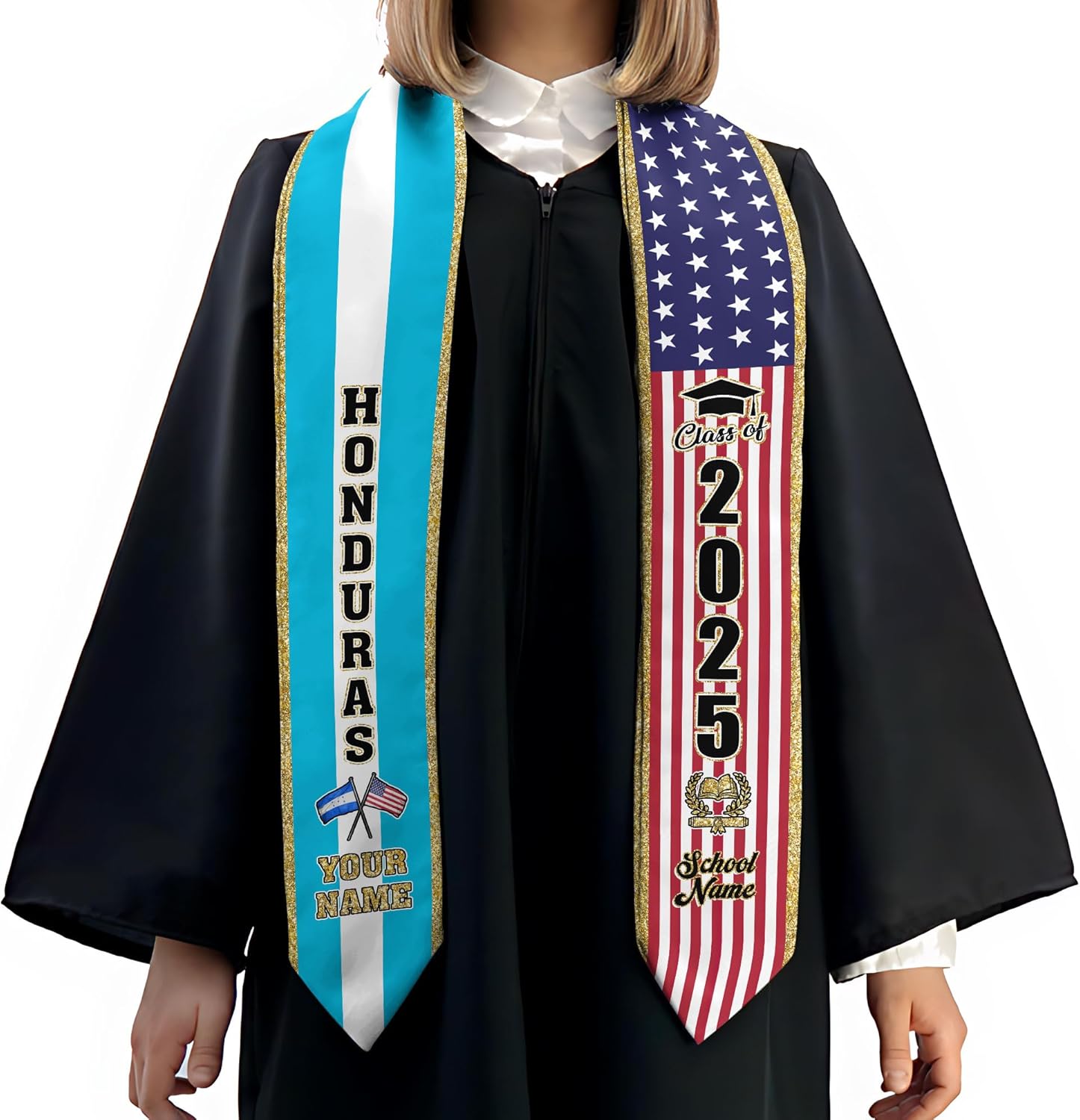 Pretyprints Honduran Graduation Sash, Custom Honduran American Flag Graduation Sash 2025, Honduras Graduation Stole