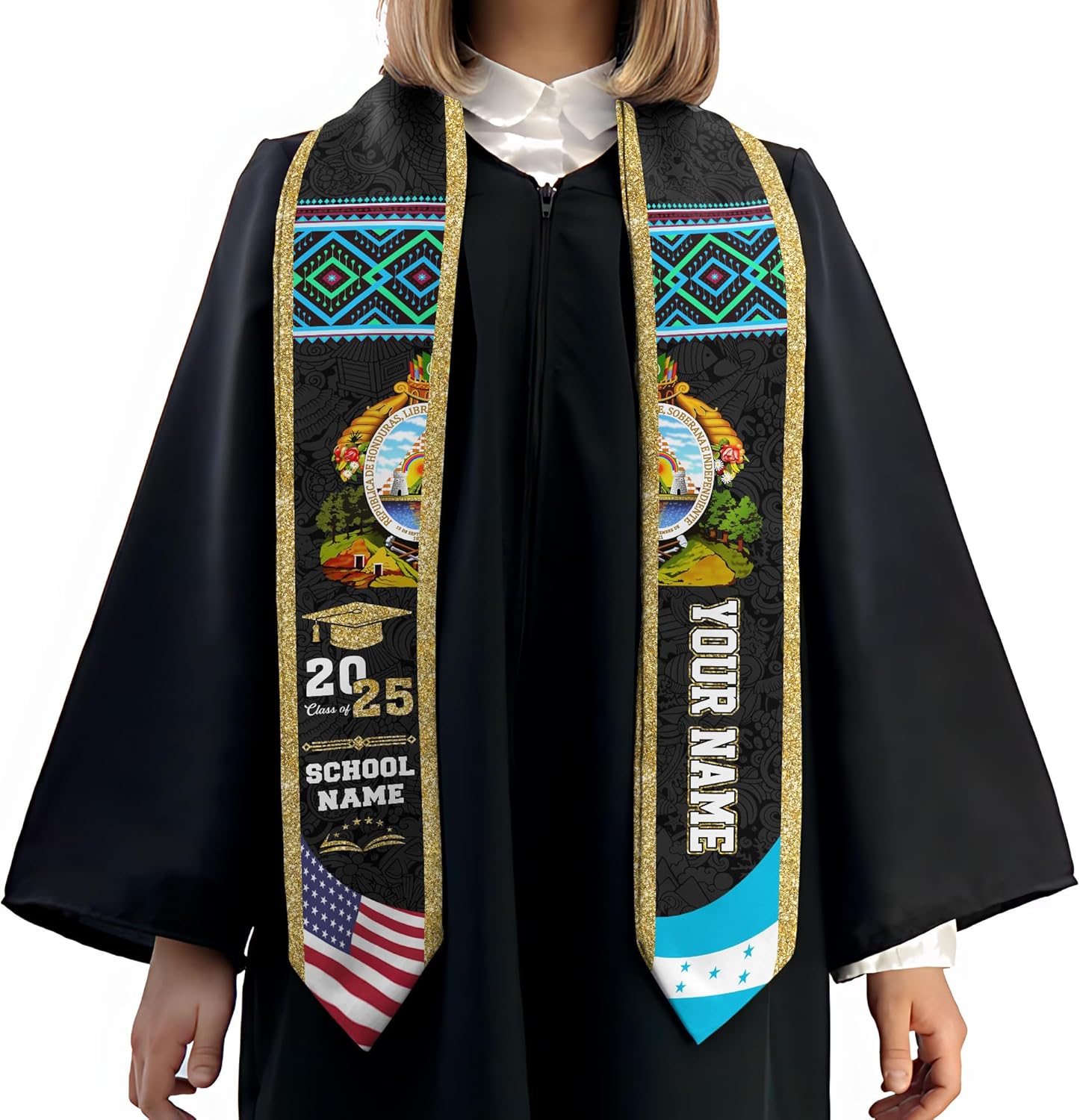 Pretyprints Honduran Graduation Sash, Custom Honduran American Flag Graduation Sash 2025, Honduras Graduation Stole
