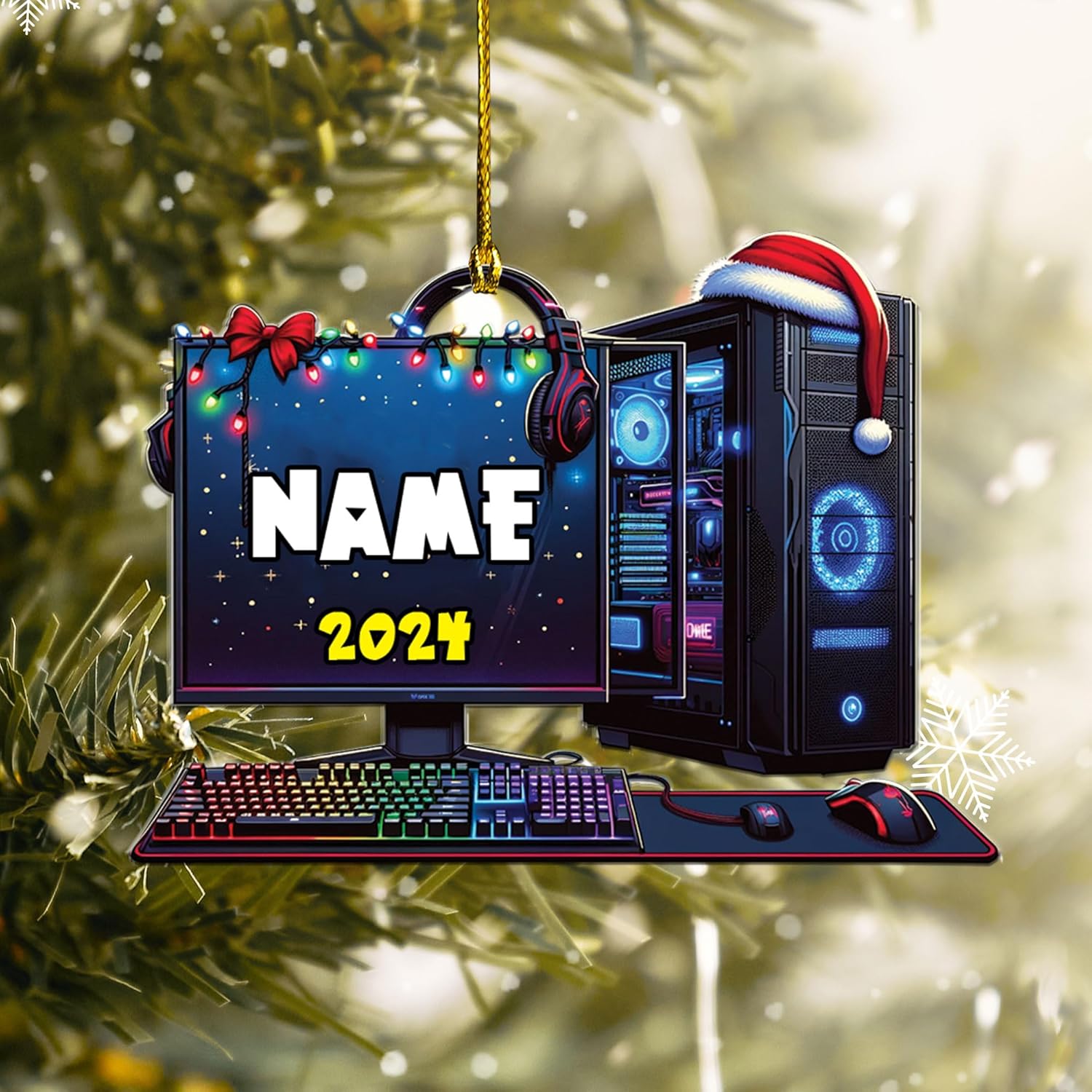 Podagree Personalized Name PC Computer Ornament Christmas, Shape Flat Christmas Ornament for Gamer, Gaming Gamer Christmas Ornament Gift for Boys, PC Game Player Decoration with Custom Name (CPT1)