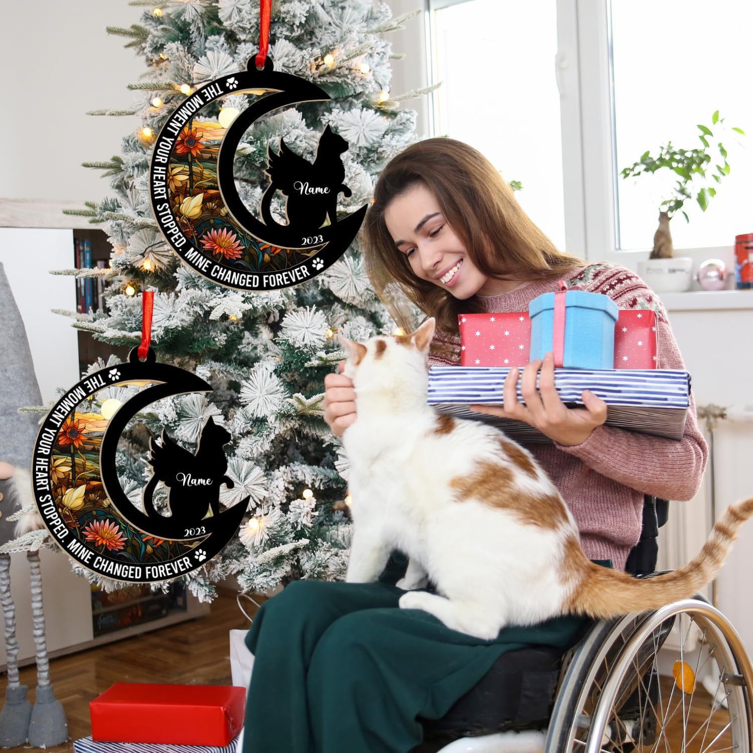 MAPrints Personalized Cat Christmas Ornaments, Cat First Christmas Suncatcher Wood Ornaments, Gifts for Cat Lovers, Cat Memorial Ornament, Forever Loved Cat Keepsake, Cat Loss Gifts (CAT 12+)