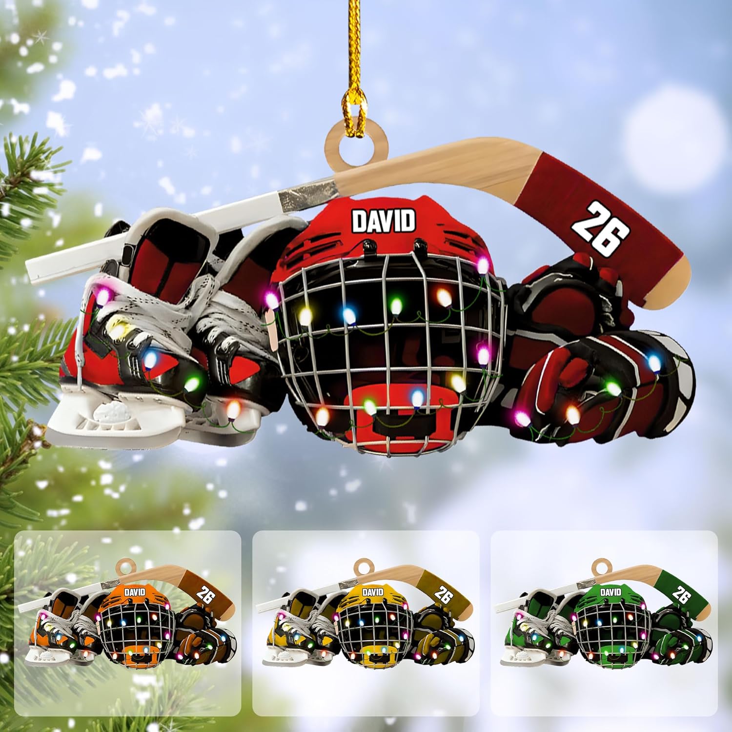 HomeDesign Personalized Hockey Christmas Ornament, Hockey Skates Helmet and Stick, Hockey Player Ornament, Hockey Ornaments, Gift for Hockey Lovers Hockey Ornament Christmas Decor (H8)