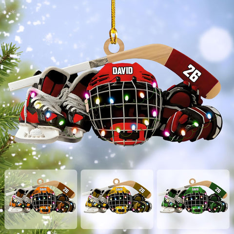 HomeDesign Personalized Hockey Christmas Ornament, Hockey Skates Helmet and Stick, Hockey Player Ornament, Hockey Ornaments, Gift for Hockey Lovers Hockey Ornament Christmas Decor (H8)