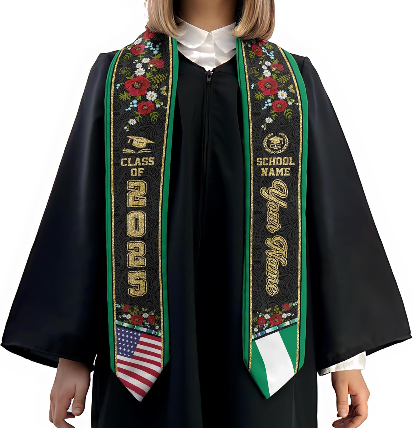 Pretyprints Custom Nigerian Graduation Sash, Nigeria Graduation Stole Customize, Nigerian American Flag Graduation Sash 2025