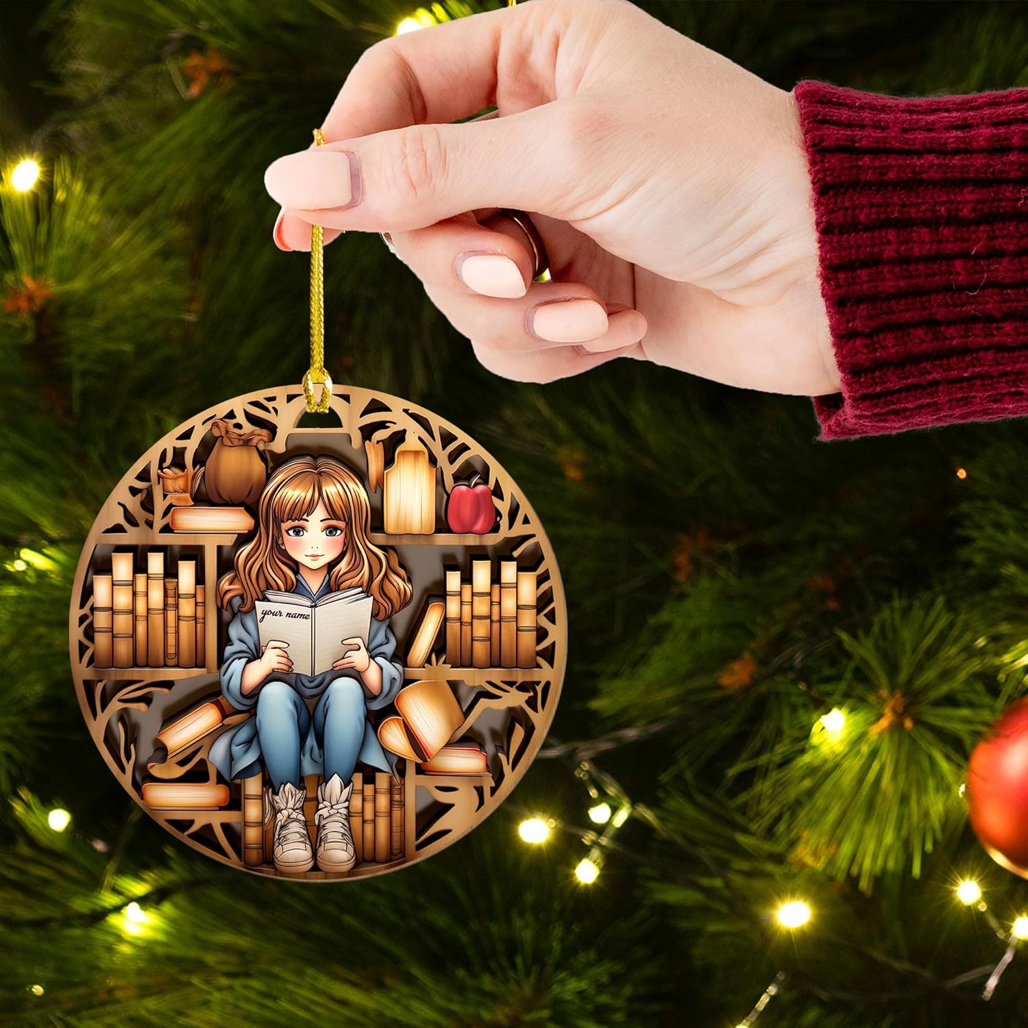 Personalized Book Lovers Heart Ornament, Reading Book Xmas Printd Wood Ornament 2024, Bookshelf Ornament Gift for Her Librarian 2D Flat Printed Wood Book Lovers Ornament (Book 7)