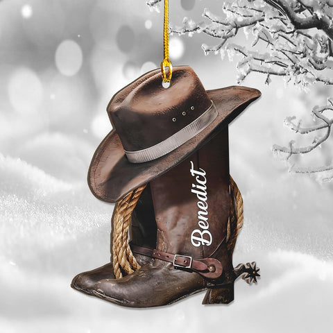Royalbro Personalized Cowboy Christmas Ornaments, Cowboy Boots and Hat Ornament for Cowboy, Saddle Ornament, Cowboy Cowgirl Horseback Riding Cowboys Ornament Tree Hanging Ornament Gift Xmas (CB N1)