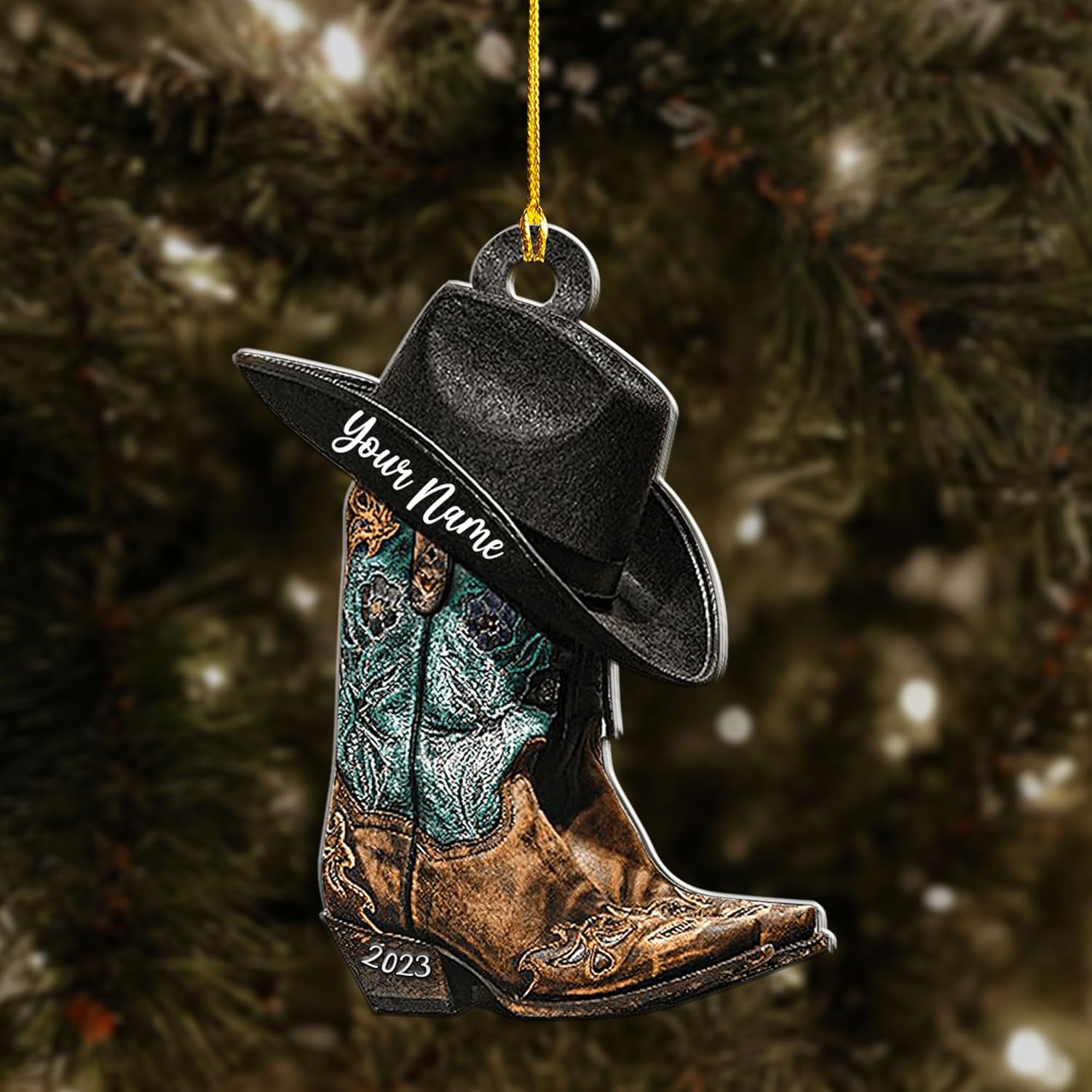 Royalbro Personalized Cowboy Christmas Ornaments, Cowboy Boots and Hat Ornament for Cowboy, Saddle Ornament, Cowboy Cowgirl Horseback Riding Ornament Tree Hanging Ornament (CB 8)