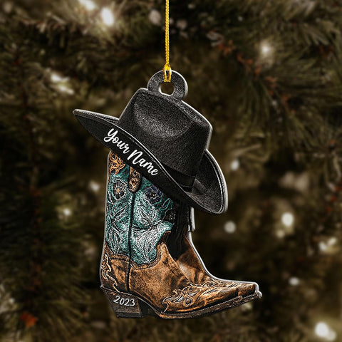Royalbro Personalized Cowboy Christmas Ornaments, Cowboy Boots and Hat Ornament for Cowboy, Saddle Ornament, Cowboy Cowgirl Horseback Riding Ornament Tree Hanging Ornament (CB 8)