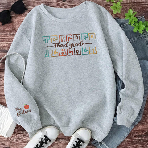 Custom Third Grade Embroidered Teacher T-Shirt Personalized Back to School Tee Teach Love Inspire Rainbow 3rd Grade Shirt