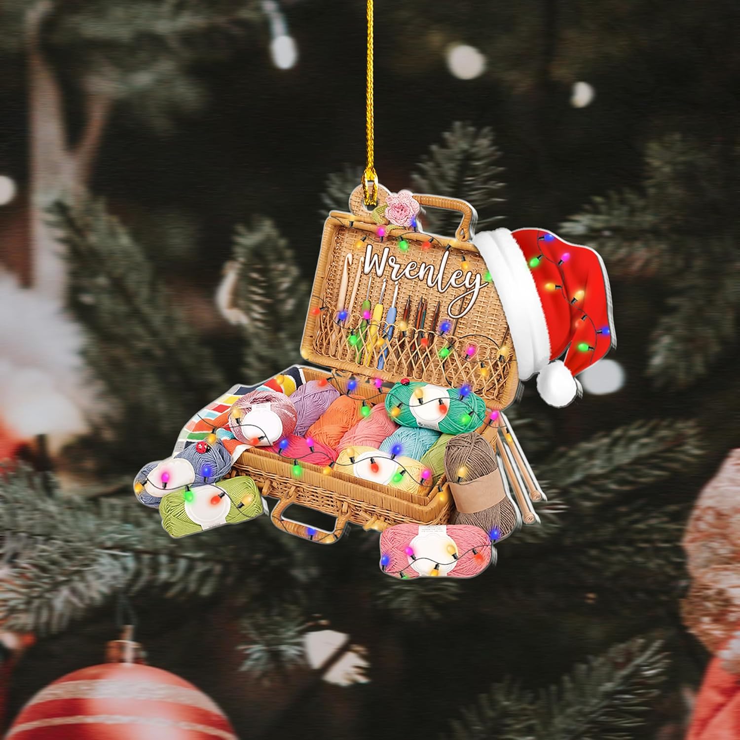 Pretyprints Personalized Knitting Yarns Ornament Christmas, Wool Bakset Knitting Accessories with String Lights Christmas Tree Ornament, Knitting Customized Christmas Ornament (Style 3)