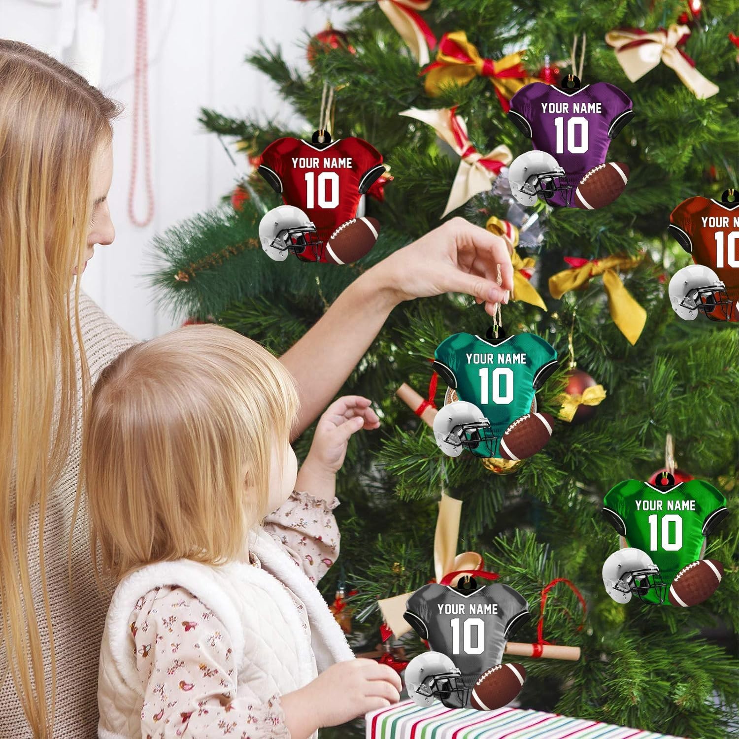 MoonArt Personalized Name Football Ornaments 2023, Customized Football Christmas Ornaments Wood Ornament Christmas Tree Hanging Ornament Pine Tree Decorations for Kid Couple Friends Family, Red (FB13)