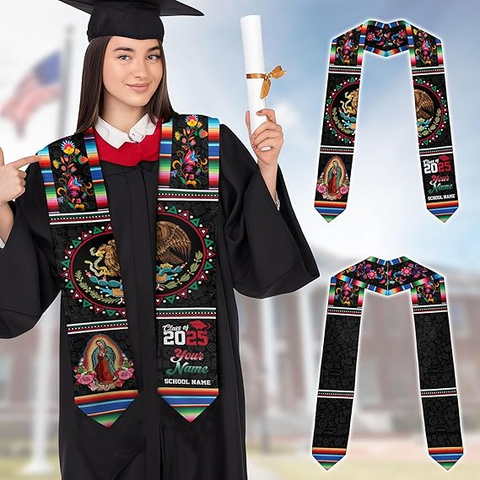 Custom Mexican flag and floral Graduation Stole class of 2025, Mexico Grad Sash