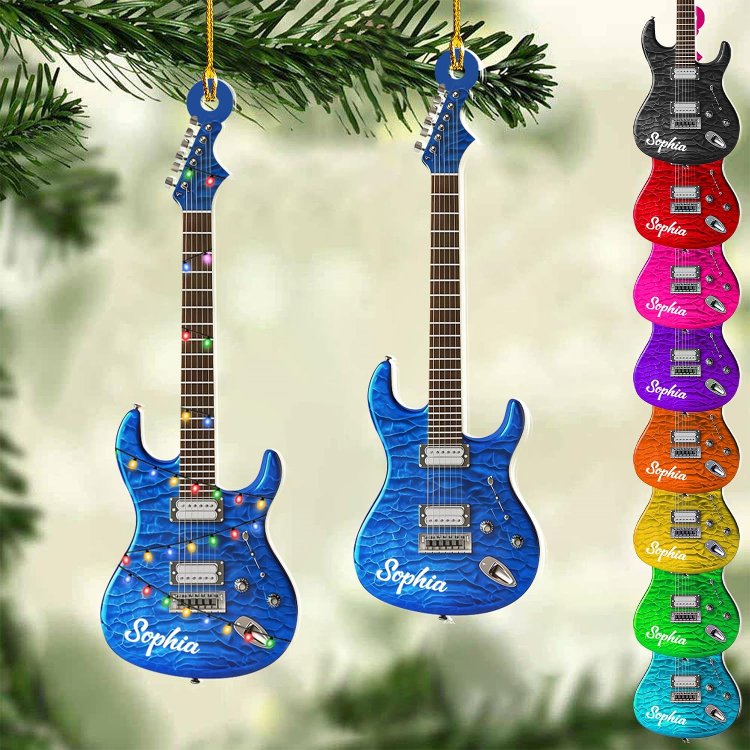 Personalized Acoustic Guitar Ornament - Guitar Christmas Plastic Wooden Ornament, Musical Instrument for Band, Red Electric Guitar Instrument, Custom Name Gift for Guitarist, Songs Music Notes (GT5)