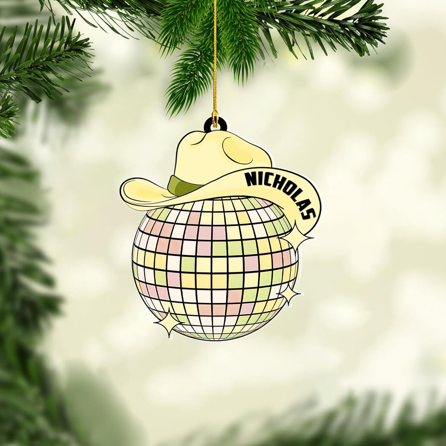 Personalized Cowboy Cowgirl Christmas Ornaments, Disco Ball Cowboy Hat Ornament, Cowboy Hat Ornaments for Christmas Tree, Western Cowboy Christmas Ornaments, Cowboy Boots Christmas Ornament (ON710)