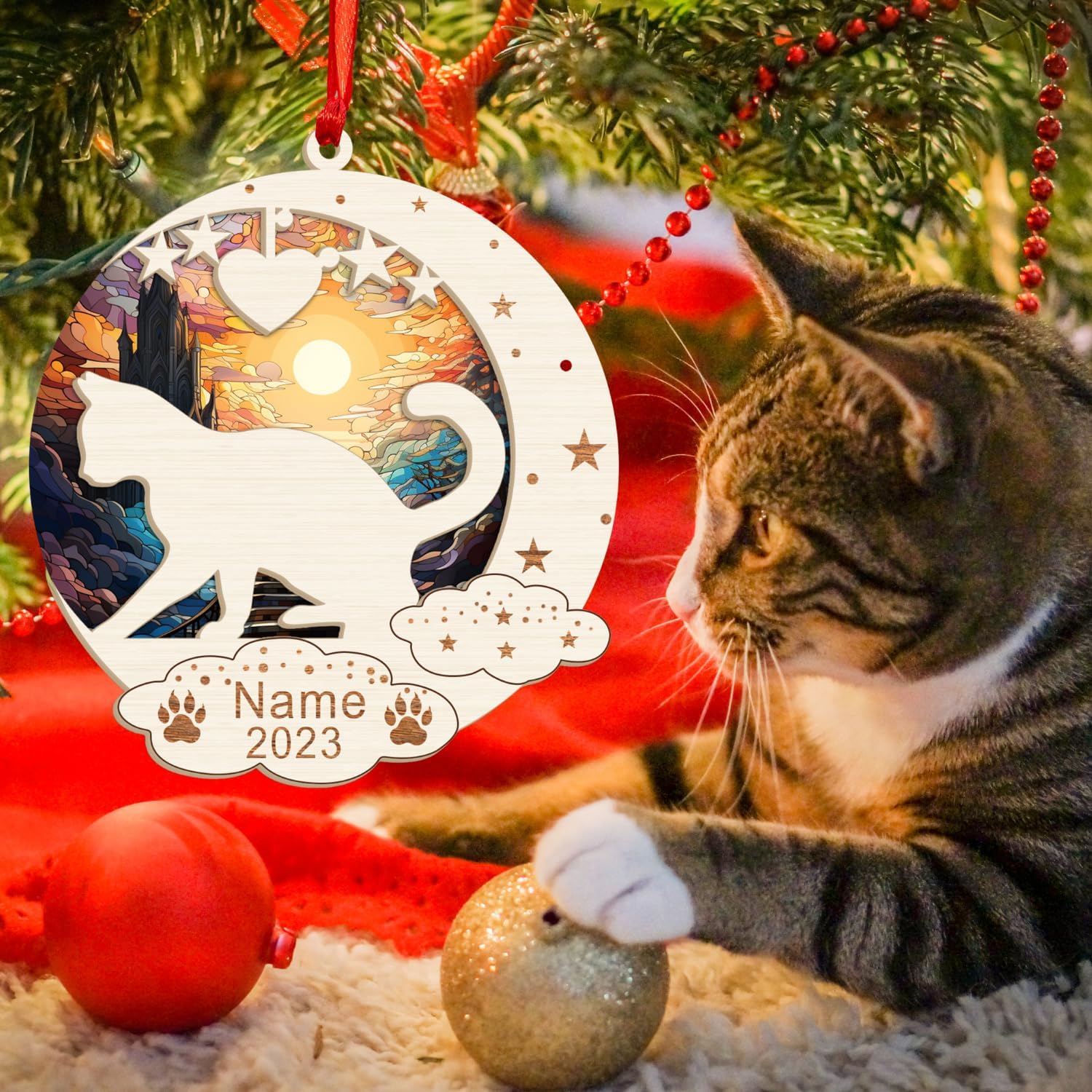 MAPrints Personalized Cat Christmas Ornaments, Cat First Christmas Suncatcher Wood Ornaments, Gifts for Cat Lovers, Cat Memorial Ornament, Forever Loved Cat Keepsake, Cat Loss Gifts (CAT 20)