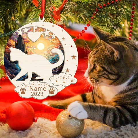 MAPrints Personalized Cat Christmas Ornaments, Cat First Christmas Suncatcher Wood Ornaments, Gifts for Cat Lovers, Cat Memorial Ornament, Forever Loved Cat Keepsake, Cat Loss Gifts (CAT 20)