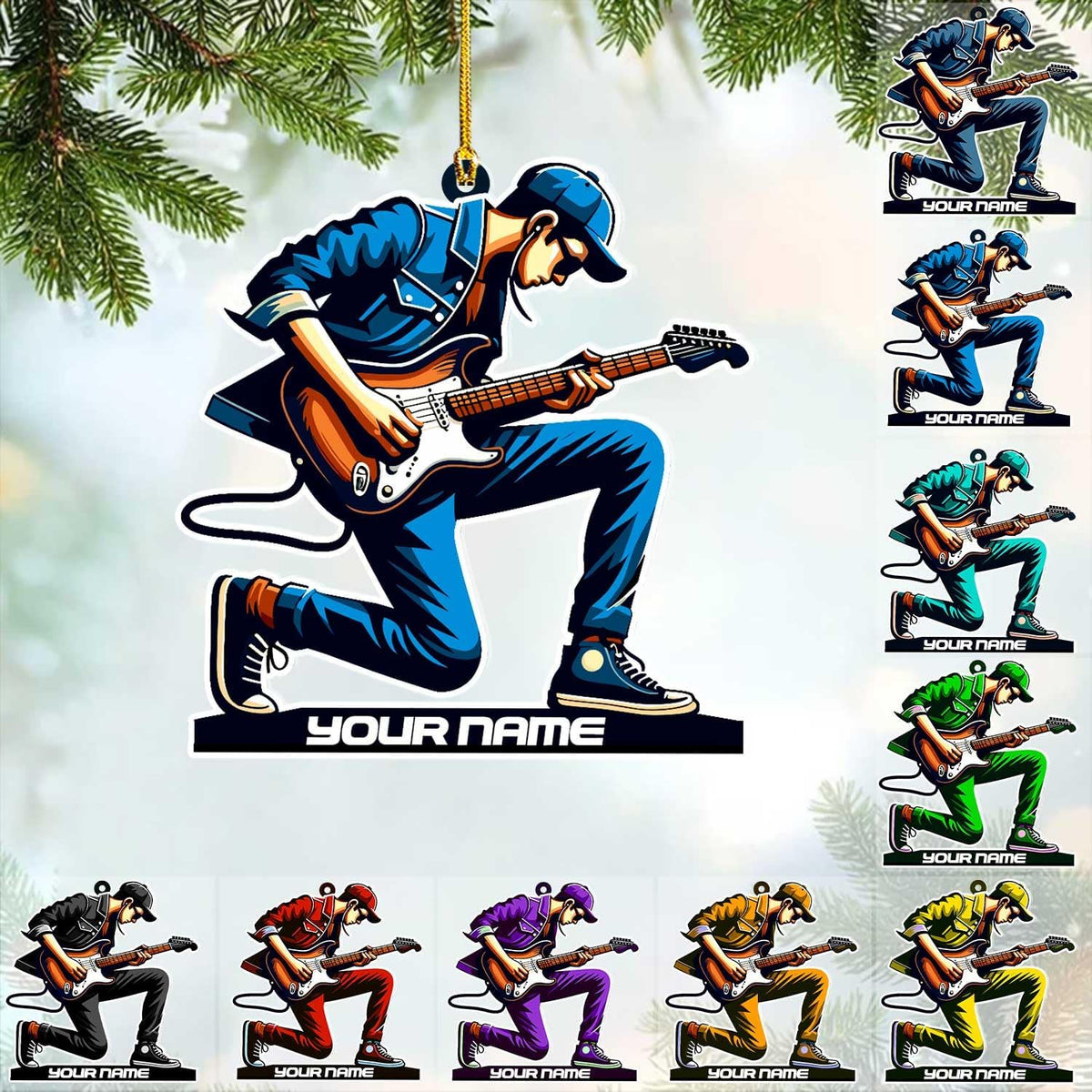 Personalized Acoustic Guitar Ornament - Guitar Christmas Plastic Wooden Ornament, Musical Instrument for Band, Red Electric Guitar Instrument, Custom Name Gift for Guitarist, Songs Music Notes (GT10)