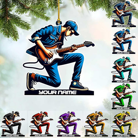 Personalized Acoustic Guitar Ornament - Guitar Christmas Plastic Wooden Ornament, Musical Instrument for Band, Red Electric Guitar Instrument, Custom Name Gift for Guitarist, Songs Music Notes (GT10)