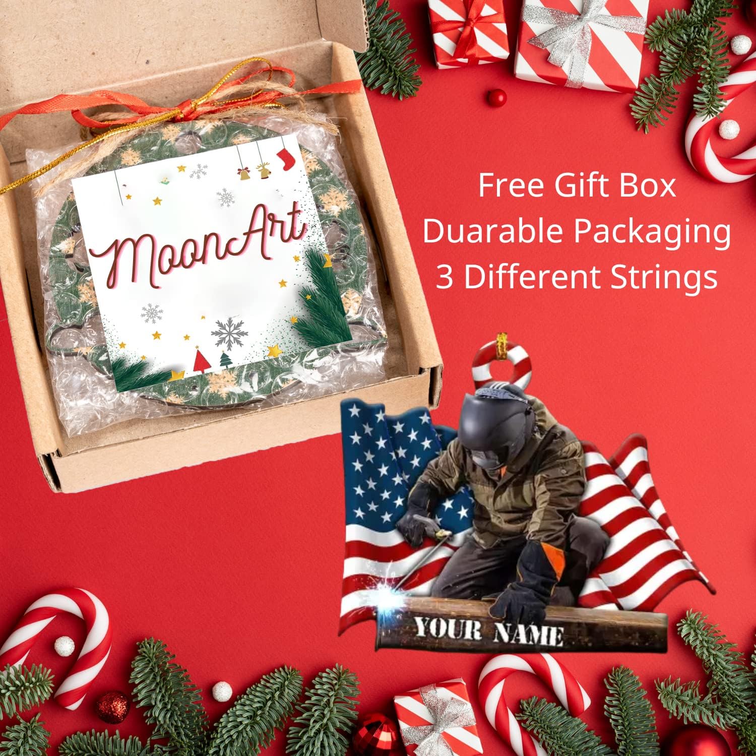MoonArt Personalized Christmas Welder Ornament with Name, Custom Welder Gifts, Welder Christmas Birthday Gift for Men Dad, Welder Ornaments for Christmas Tree, 2D Acrylic Wood Ornament (WD8)