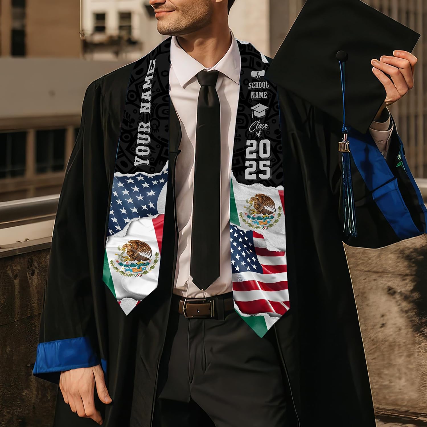 Custom Mexican Graduation Sash, Mexico Graduation Stole Customize Photo, Mexican American Flag Graduation Sash 2025