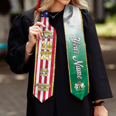 Pretyprints Custom Nigerian Graduation Sash, Nigeria Graduation Stole Customize, Nigerian American Flag Graduation Sash 2025