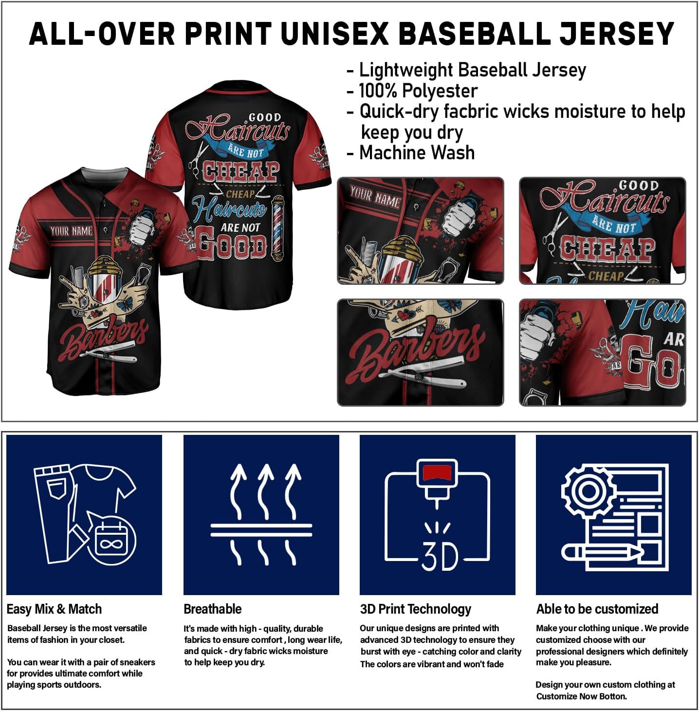Suseaz Personalized Barber Shop Baseball Jersey Custom Name Shirt 3D for Men Women Scissors Pole Shirts Hairdresser Shop Gift